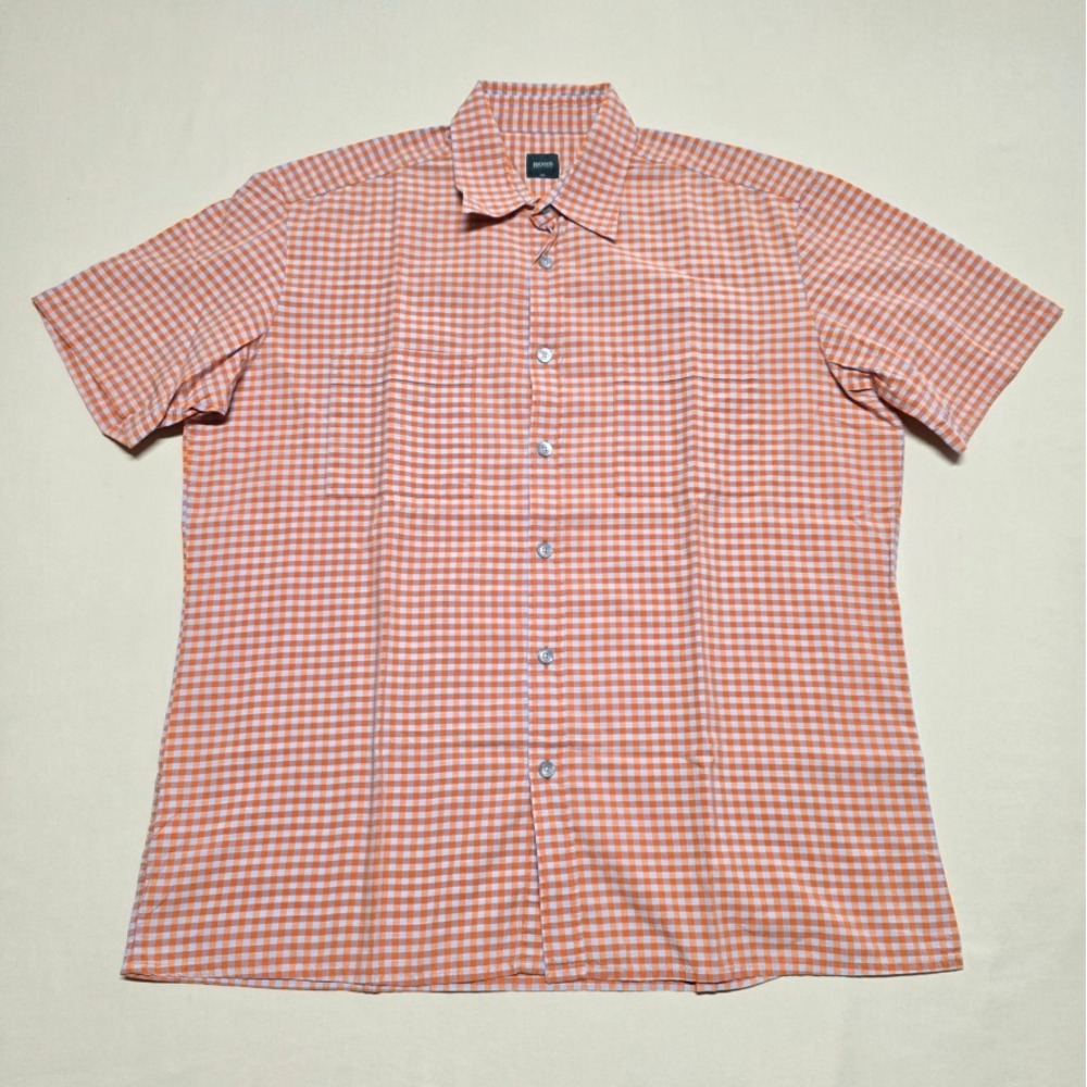 Hugo Boss Golf Collection Men Large Orange Gingham Slim Button Up Shirt